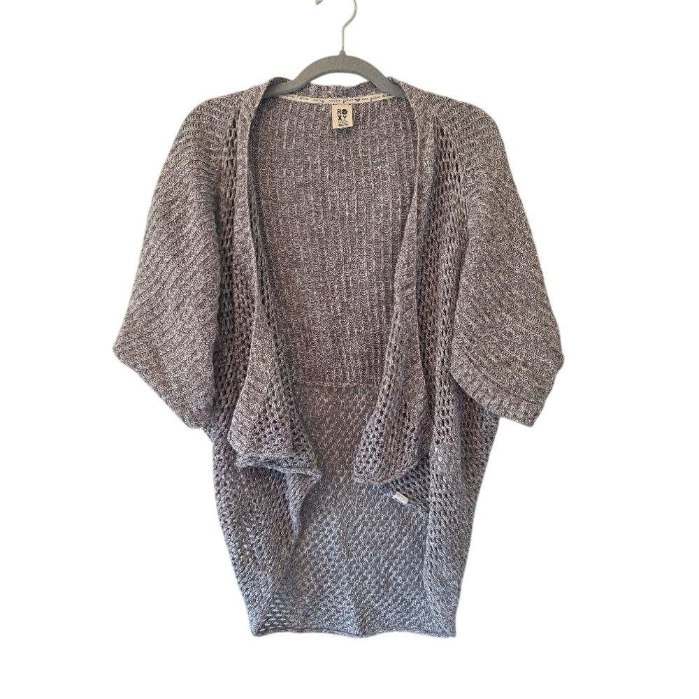 Roxy Gray Open Knit Cardigan Sweater Medium Cotton Boho Beach